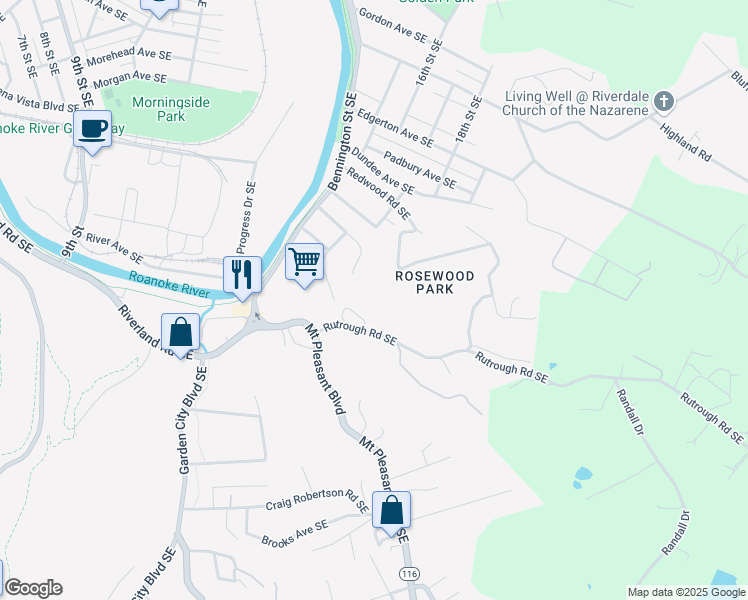 map of restaurants, bars, coffee shops, grocery stores, and more near 1718 Rutrough Road Southeast in Roanoke