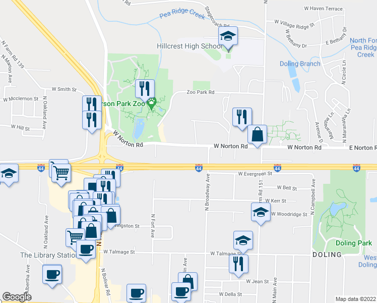 map of restaurants, bars, coffee shops, grocery stores, and more near 1116 West Norton Road in Springfield