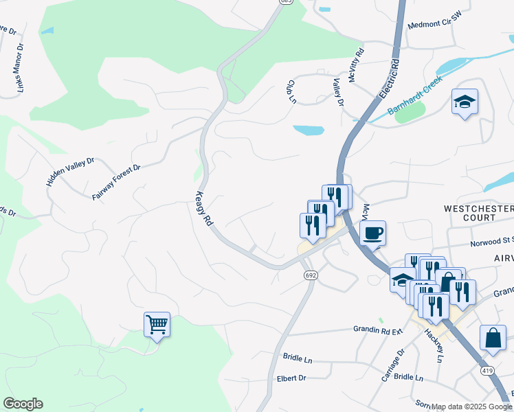 map of restaurants, bars, coffee shops, grocery stores, and more near 4736 Leigh Lane in Cave Spring