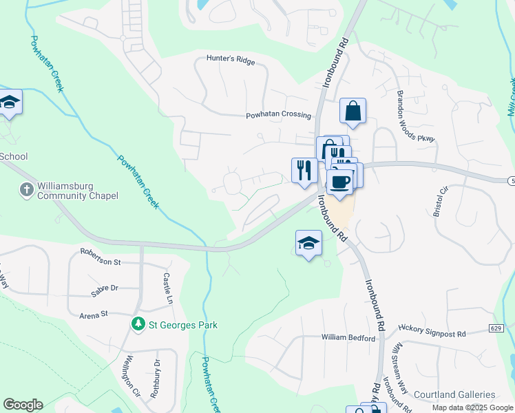 map of restaurants, bars, coffee shops, grocery stores, and more near 802 Prosperity Court in Williamsburg