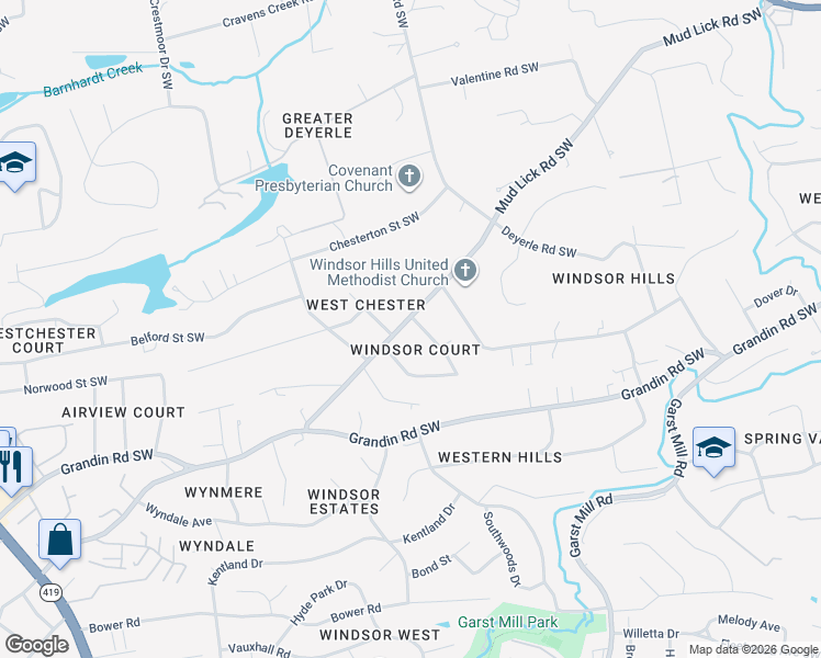 map of restaurants, bars, coffee shops, grocery stores, and more near 3906 Mudlick Rd SW in Roanoke