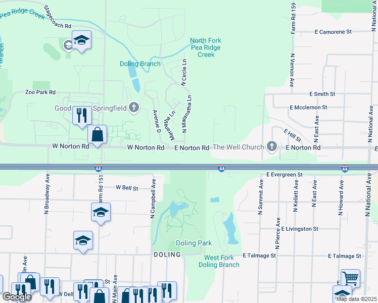 map of restaurants, bars, coffee shops, grocery stores, and more near 238 East Norton Road in Springfield
