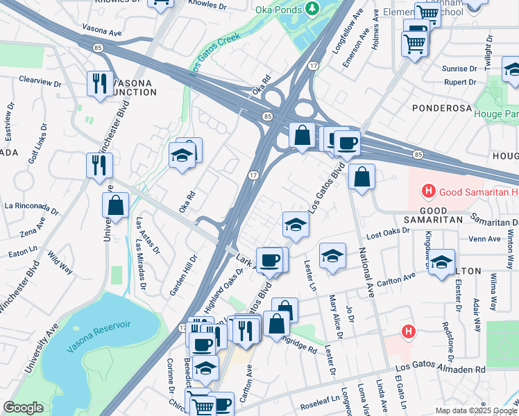 map of restaurants, bars, coffee shops, grocery stores, and more near 16435 Bennett Way in Los Gatos