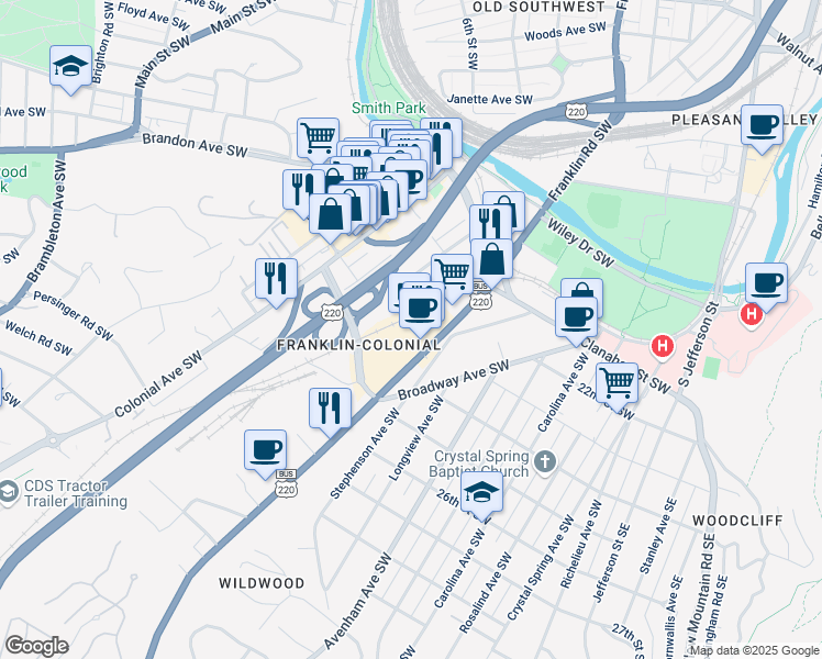map of restaurants, bars, coffee shops, grocery stores, and more near 2239 Franklin Road Southwest in Roanoke