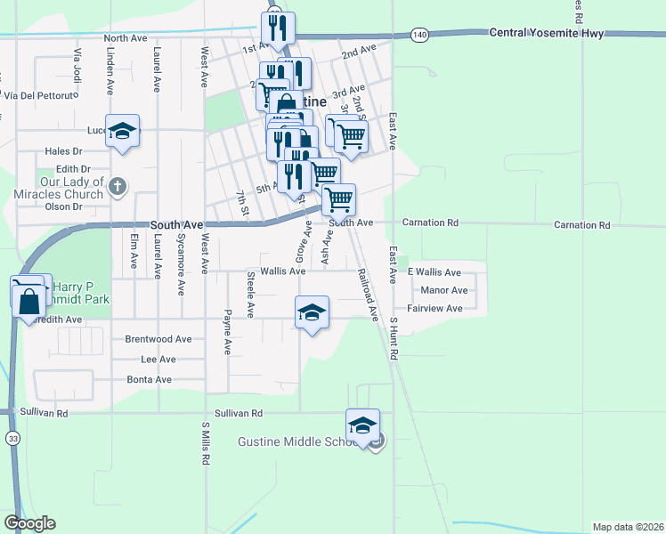 map of restaurants, bars, coffee shops, grocery stores, and more near 394 Wallis Avenue in Gustine