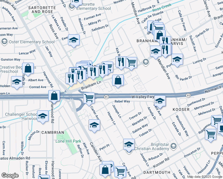 map of restaurants, bars, coffee shops, grocery stores, and more near 4853 Pine Forest Place in San Jose