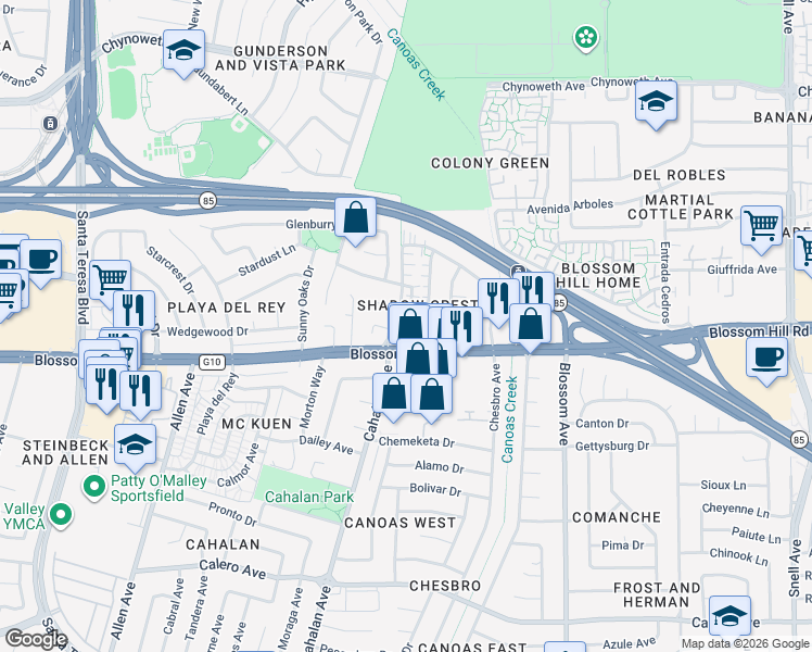 map of restaurants, bars, coffee shops, grocery stores, and more near 5568 Cahalan Avenue in San Jose