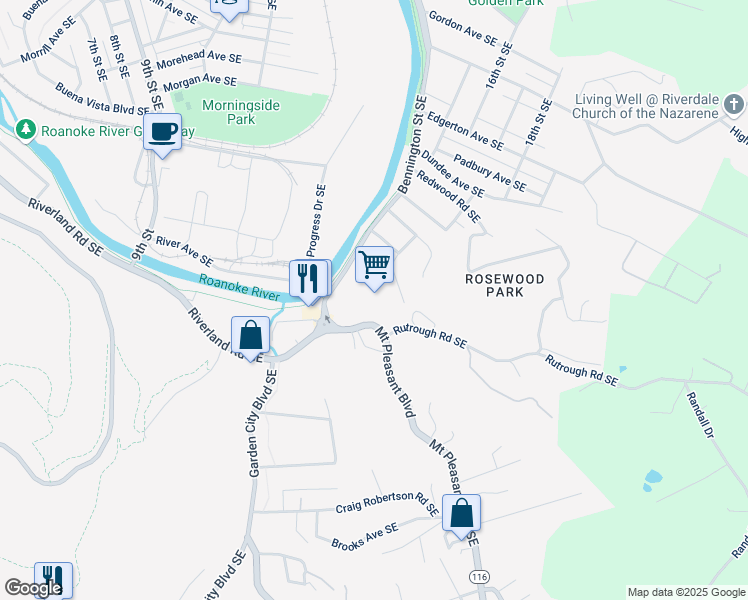 map of restaurants, bars, coffee shops, grocery stores, and more near 2110 Bennington Street Southeast in Roanoke