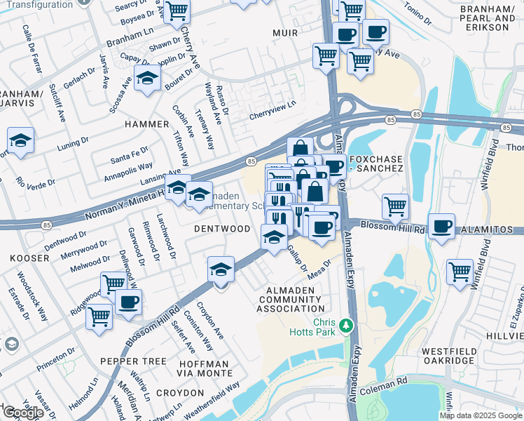map of restaurants, bars, coffee shops, grocery stores, and more near 5472 Clovercrest Drive in San Jose