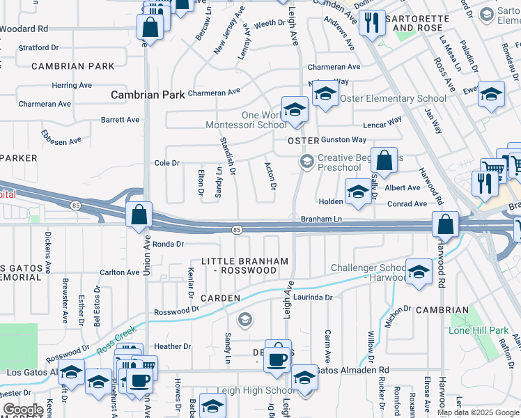 map of restaurants, bars, coffee shops, grocery stores, and more near 14615 Branham Lane in San Jose