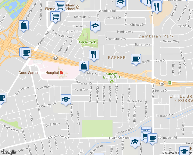 map of restaurants, bars, coffee shops, grocery stores, and more near 2273 Saidel Drive in San Jose