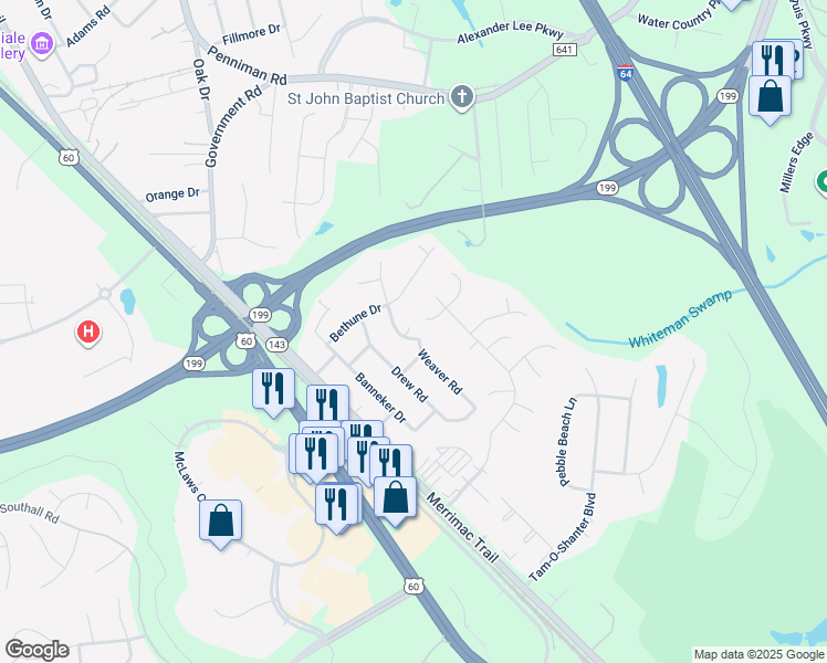 map of restaurants, bars, coffee shops, grocery stores, and more near 101 Luther Drive in Williamsburg