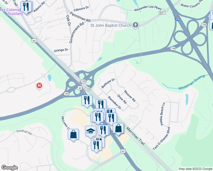 map of restaurants, bars, coffee shops, grocery stores, and more near 105 Bethune Drive in Williamsburg