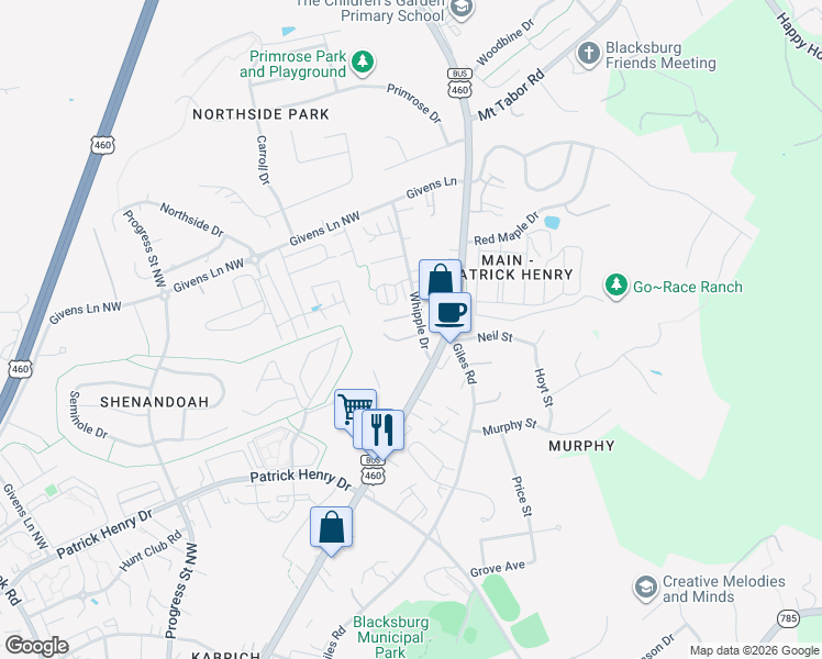 map of restaurants, bars, coffee shops, grocery stores, and more near 1509 Whipple Drive in Blacksburg