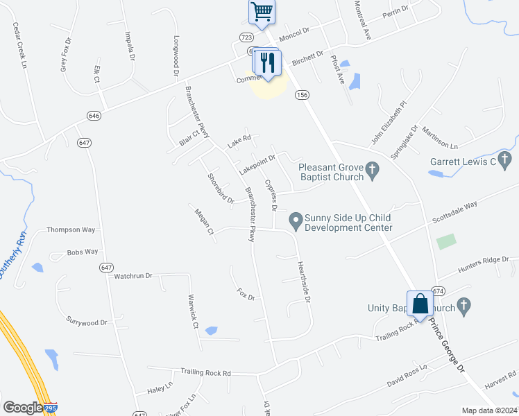 map of restaurants, bars, coffee shops, grocery stores, and more near 4356 Branchester Parkway in Prince George