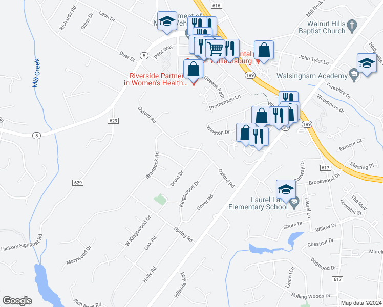 map of restaurants, bars, coffee shops, grocery stores, and more near 101 Druid Drive in Williamsburg