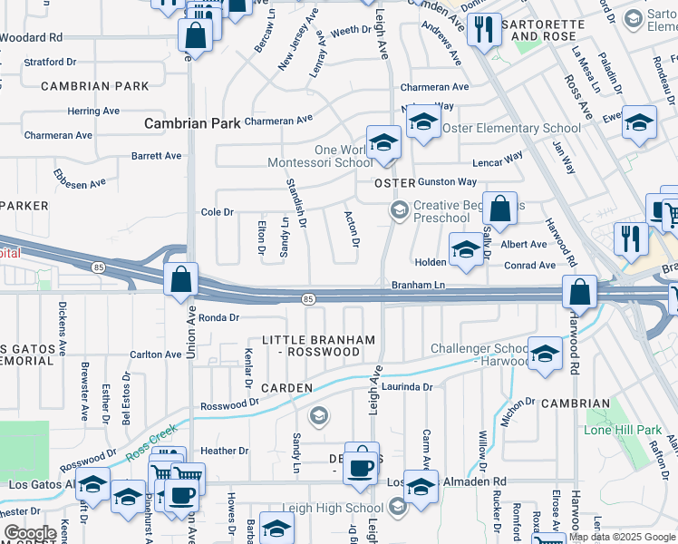 map of restaurants, bars, coffee shops, grocery stores, and more near 14615 Branham Lane in San Jose