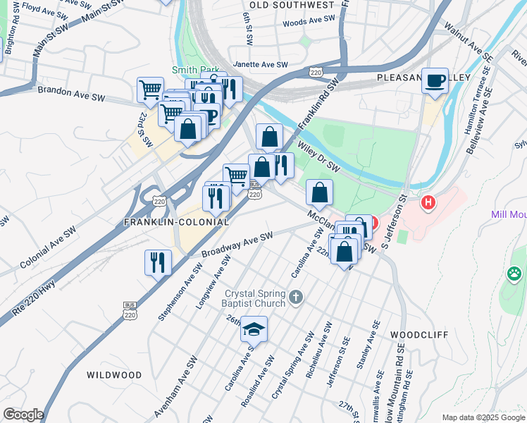 map of restaurants, bars, coffee shops, grocery stores, and more near 2110 Stephenson Avenue Southwest in Roanoke
