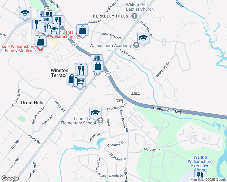 map of restaurants, bars, coffee shops, grocery stores, and more near 3203 Lake Powell Road in Williamsburg