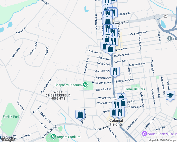 map of restaurants, bars, coffee shops, grocery stores, and more near 189 Charlotte Avenue in Colonial Heights