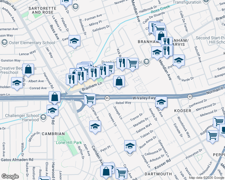 map of restaurants, bars, coffee shops, grocery stores, and more near 4849 Pine Forest Place in San Jose