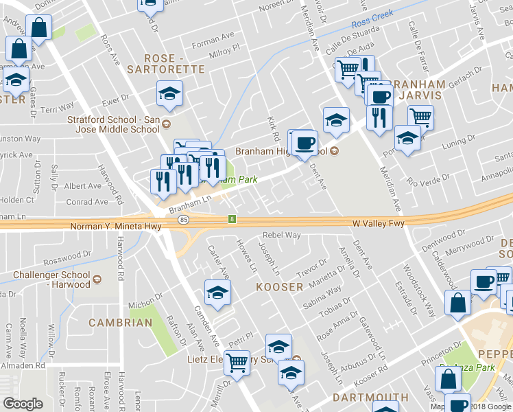 map of restaurants, bars, coffee shops, grocery stores, and more near 4849 Pine Forest Place in San Jose