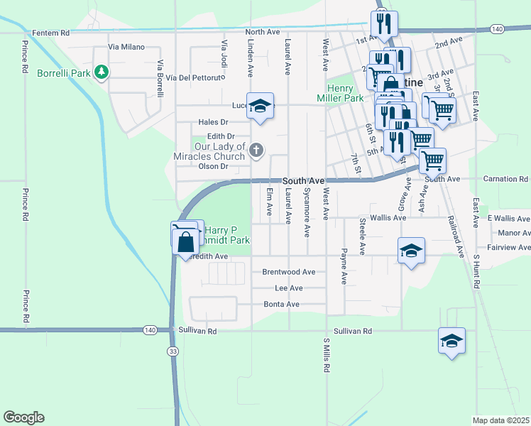map of restaurants, bars, coffee shops, grocery stores, and more near 1171 Wallis Avenue in Gustine