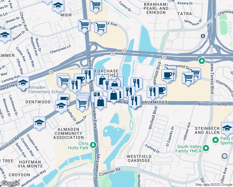 map of restaurants, bars, coffee shops, grocery stores, and more near 1029 Blossom Hill Road in San Jose