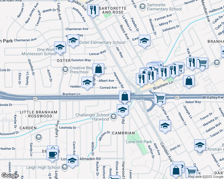 map of restaurants, bars, coffee shops, grocery stores, and more near 1772 Conrad Avenue in San Jose
