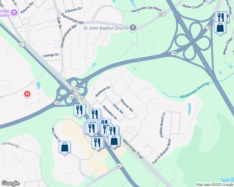 map of restaurants, bars, coffee shops, grocery stores, and more near 103 Luther Drive in Williamsburg