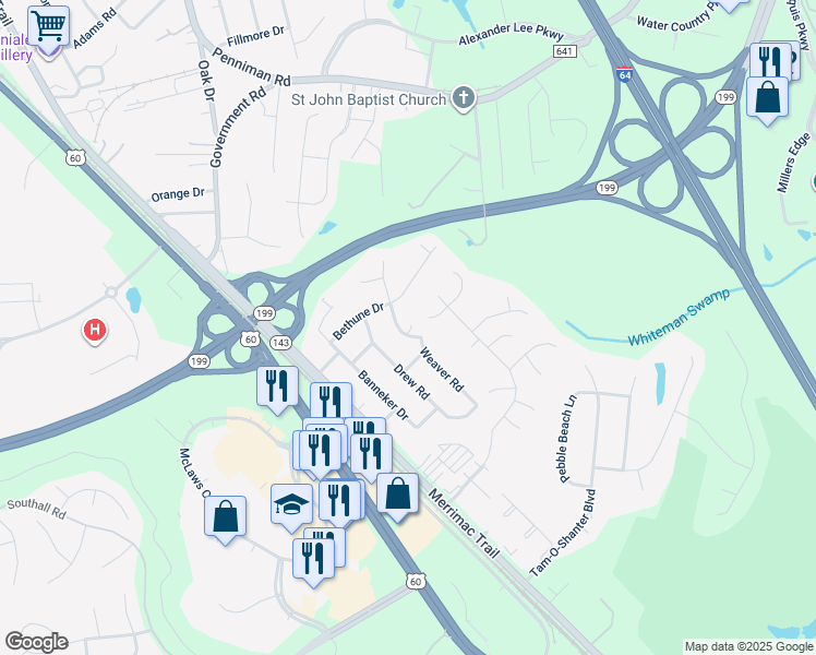 map of restaurants, bars, coffee shops, grocery stores, and more near 103 Luther Drive in Williamsburg