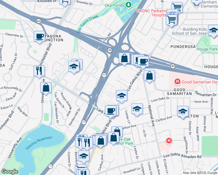 map of restaurants, bars, coffee shops, grocery stores, and more near 16447 McMillan Court in Los Gatos