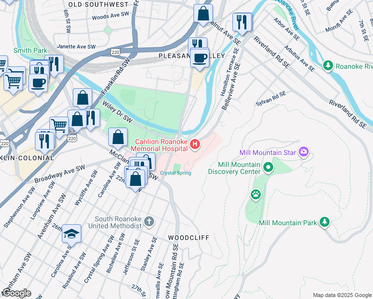 map of restaurants, bars, coffee shops, grocery stores, and more near 1906 Belleview Avenue Southeast in Roanoke