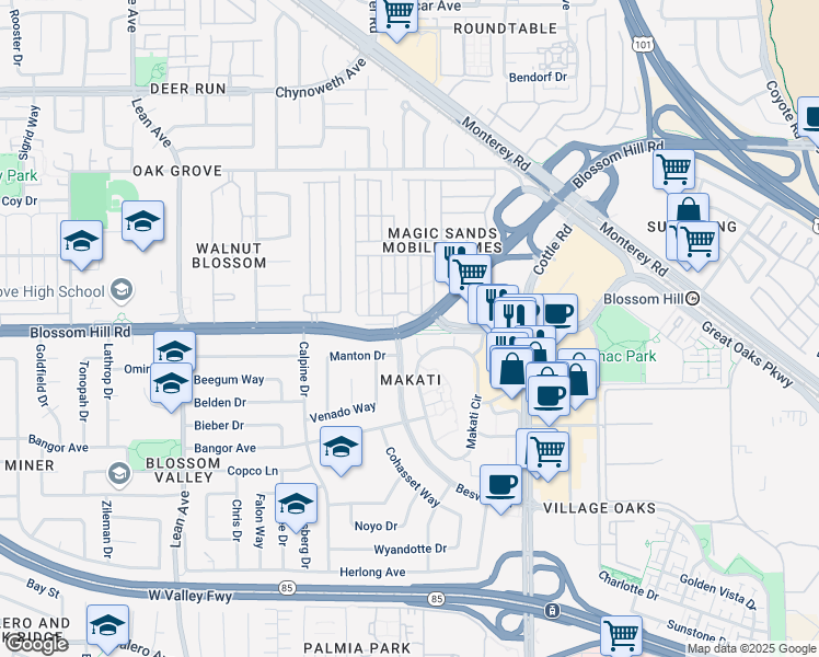 map of restaurants, bars, coffee shops, grocery stores, and more near in San Jose
