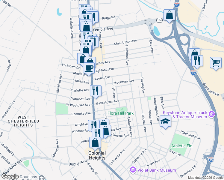 map of restaurants, bars, coffee shops, grocery stores, and more near 1111 Jett Avenue in Colonial Heights