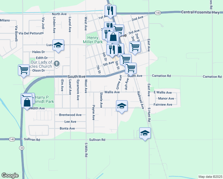 map of restaurants, bars, coffee shops, grocery stores, and more near 638 Wallis Avenue in Gustine