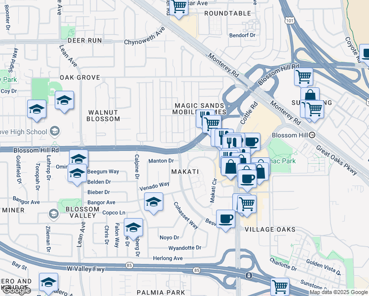 map of restaurants, bars, coffee shops, grocery stores, and more near in San Jose