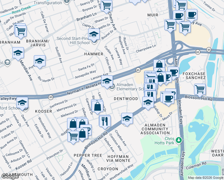 map of restaurants, bars, coffee shops, grocery stores, and more near 1302 Dentwood Drive in San Jose