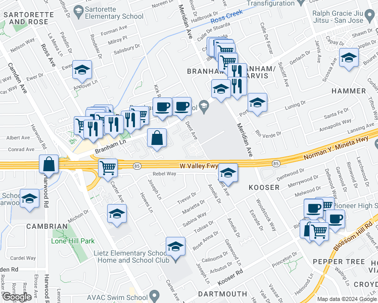 map of restaurants, bars, coffee shops, grocery stores, and more near 5055 Dent Avenue in San Jose