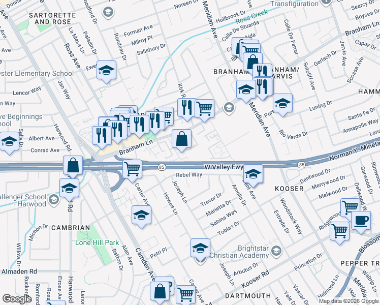 map of restaurants, bars, coffee shops, grocery stores, and more near 15010 Paseo Tranquillo in San Jose