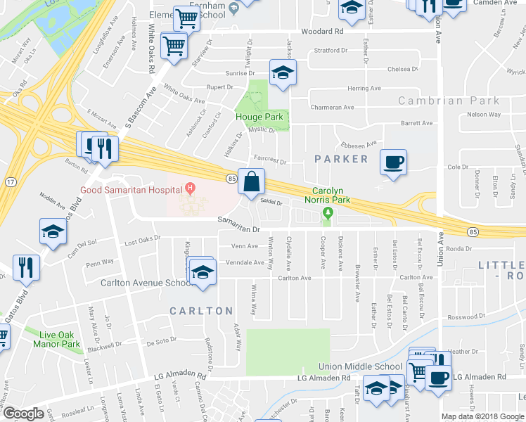 map of restaurants, bars, coffee shops, grocery stores, and more near 2333 Saidel Drive in San Jose