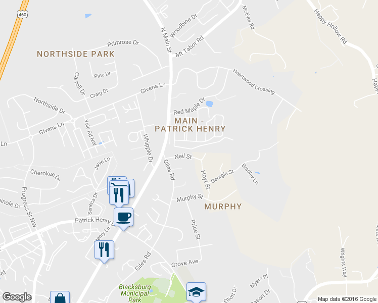 map of restaurants, bars, coffee shops, grocery stores, and more near 301 Neil Street in Blacksburg