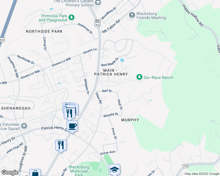 map of restaurants, bars, coffee shops, grocery stores, and more near 301 Neil Street in Blacksburg