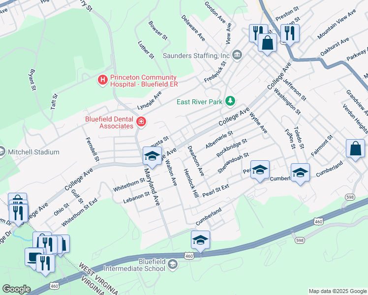 map of restaurants, bars, coffee shops, grocery stores, and more near 1012 Albemarle Street in Bluefield