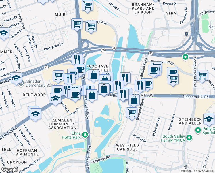 map of restaurants, bars, coffee shops, grocery stores, and more near 1029 Blossom Hill Road in San Jose