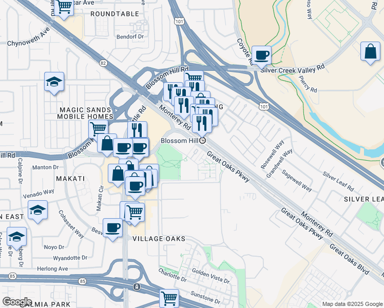 map of restaurants, bars, coffee shops, grocery stores, and more near 5568 Lexington Avenue in San Jose