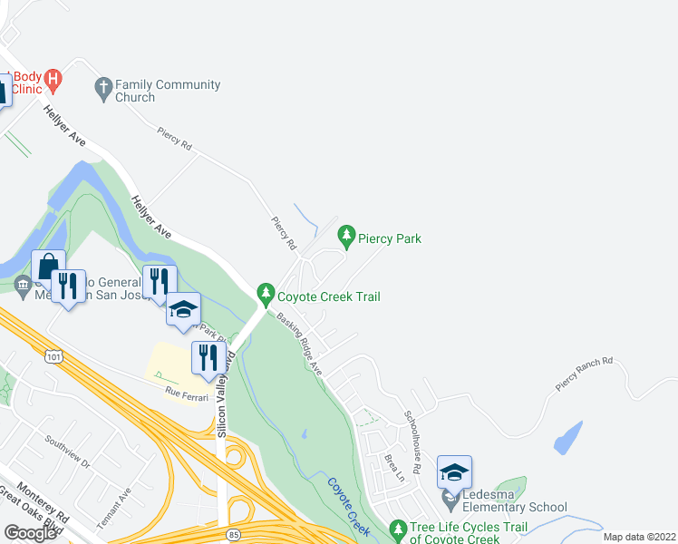 map of restaurants, bars, coffee shops, grocery stores, and more near 6565 Gravina Loop in San Jose