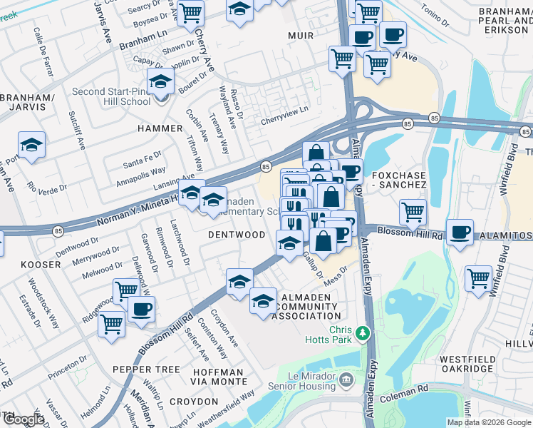 map of restaurants, bars, coffee shops, grocery stores, and more near 5430 Clovercrest Drive in San Jose