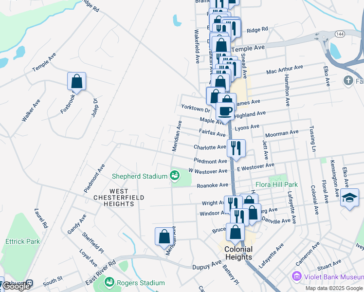 map of restaurants, bars, coffee shops, grocery stores, and more near 189 Charlotte Avenue in Colonial Heights