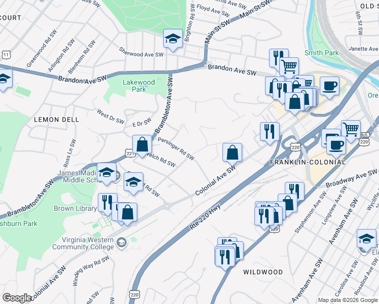 map of restaurants, bars, coffee shops, grocery stores, and more near 1047 Persinger Road Southwest in Roanoke